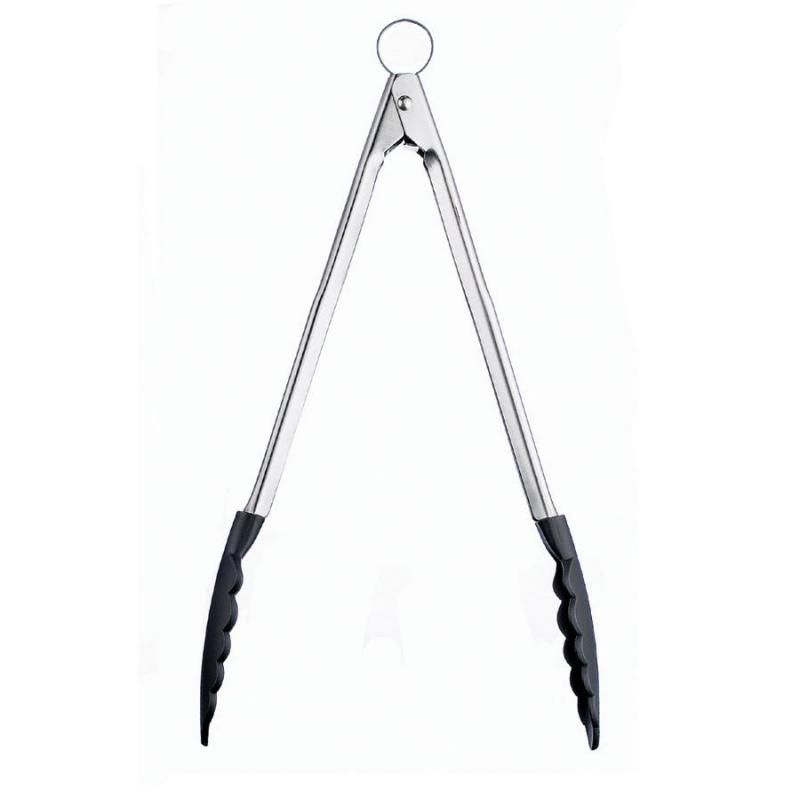 Cuisipro Locking Tongs in stainless steel with non-stick nylon tips, featuring a one-handed locking mechanism for easy use.