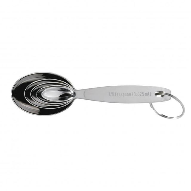 Cuisipro stainless steel measuring spoons with oval shapes for easy access, durable design, and printed capacity indicators.