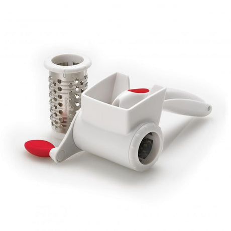 Cuisipro 2 Blade Rotary Grater in white, featuring efficient Surface Glide Technology and interchangeable stainless steel blades.