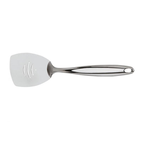 Medium slotted turner by Cuisipro, made of stainless steel for flipping and serving with a comfortable grip and elegant design.