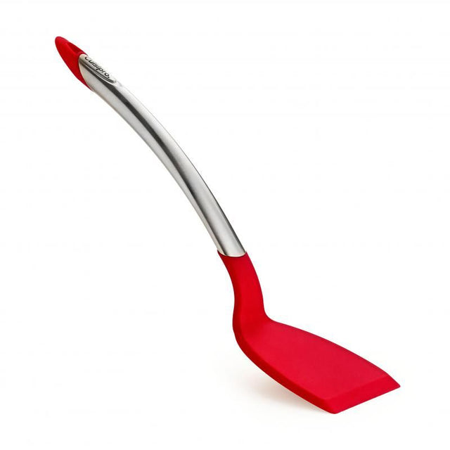 Cuisipro 32cm red silicone turner with stainless steel handle, perfect for flipping and serving without scratching cookware.