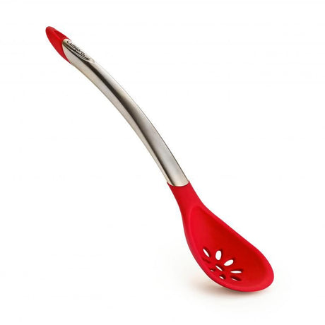 Cuisipro 30.5cm red slotted spoon with ergonomic handle, heat resistant silicone head, perfect for stirring and serving.