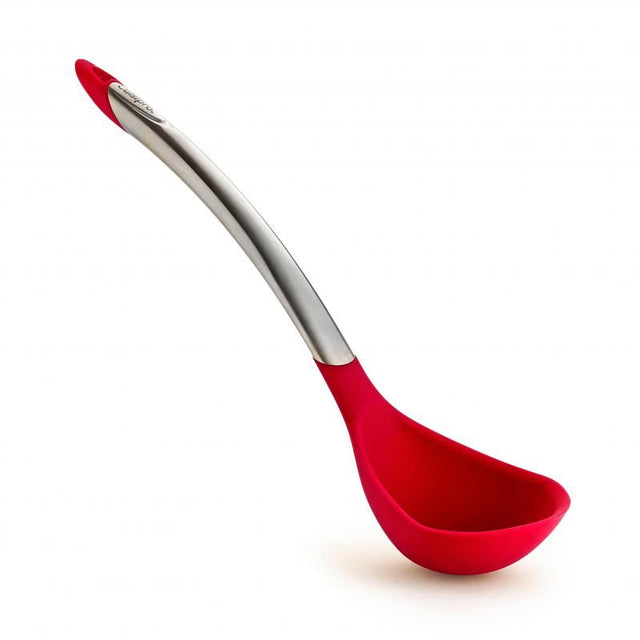 Cuisipro 31cm red silicone ladle with stainless steel handle, perfect for serving soups and sauces without scratching cookware.