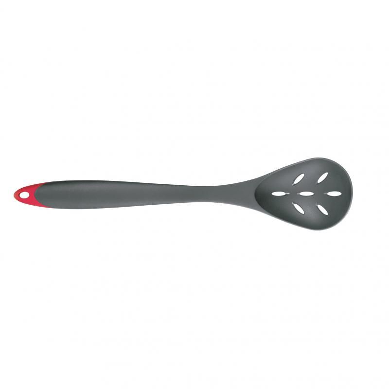 Cuisipro Slotted Spoon in Black/Red, featuring a durable design, ergonomic handle, and perfectly spaced slots for easy serving.