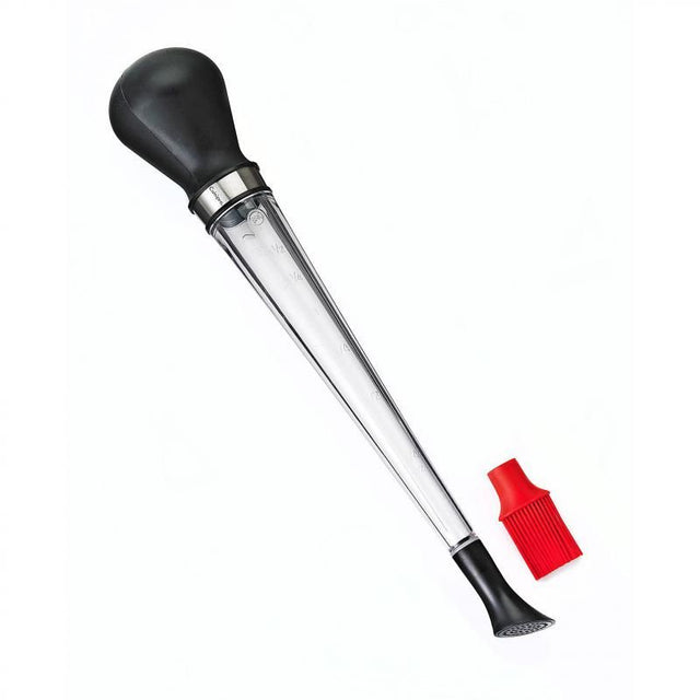 Cuisipro 3-In-1 Baster with silicone brush and nylon shower head for versatile basting and easy measurement tracking.