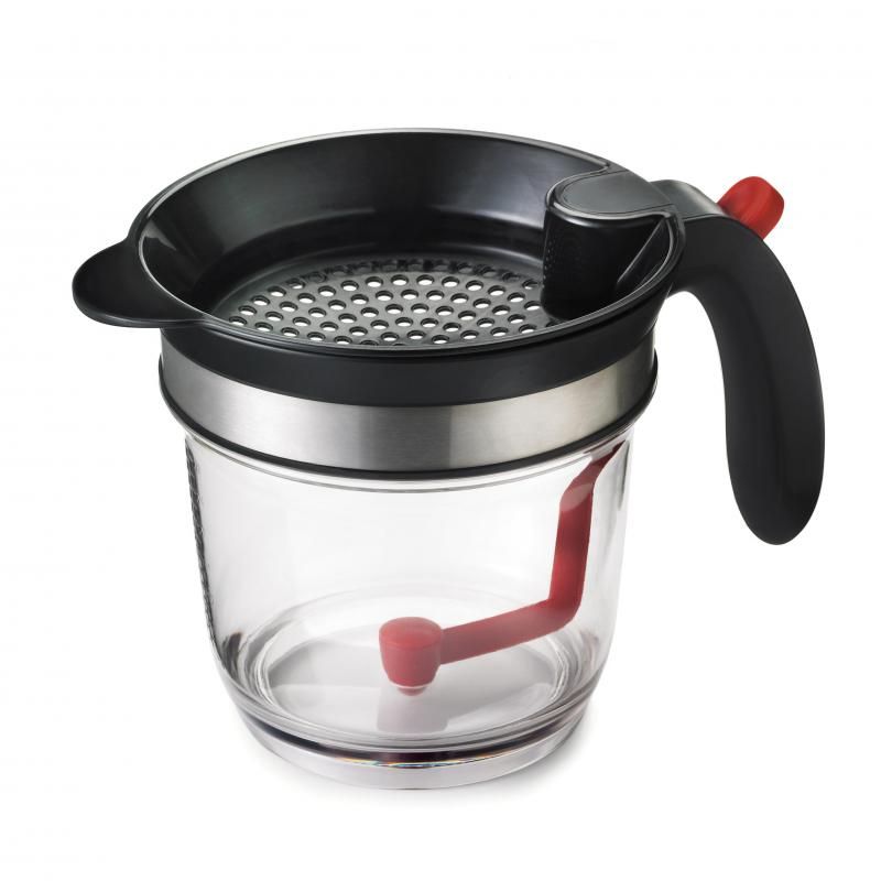 Clear Tritan Cuisipro Fat Separator with 4-cup capacity, easy bottom drain, and oversized strainer for healthier sauces.