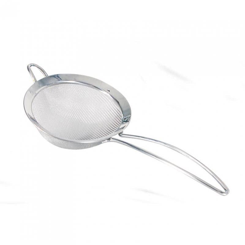 Stainless steel 19cm mesh strainer with cool-touch handles, perfect for straining sauces, soups, and more.