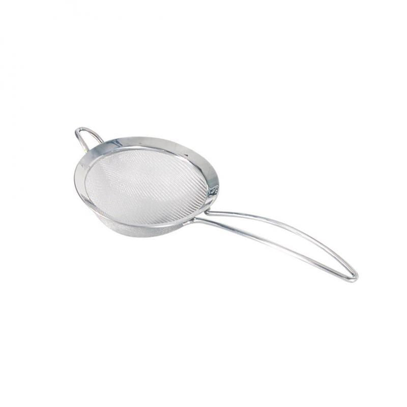 Cuisipro 28cm mesh strainer with stainless steel, ideal for sifting, skimming, and straining while keeping hands free.