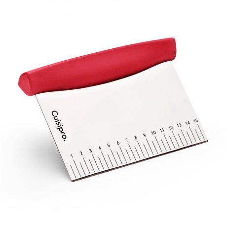 Cuisipro Dough Cutter in red with stainless steel blade, non-slip grip, and laser-etched measurements for precise baking.