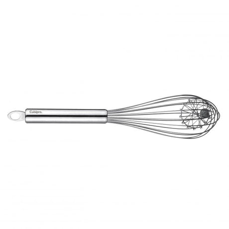 Cuisipro Stainless Steel Duo Whisk with a ceramic ball for efficient whisking, designed for comfort and easy storage.