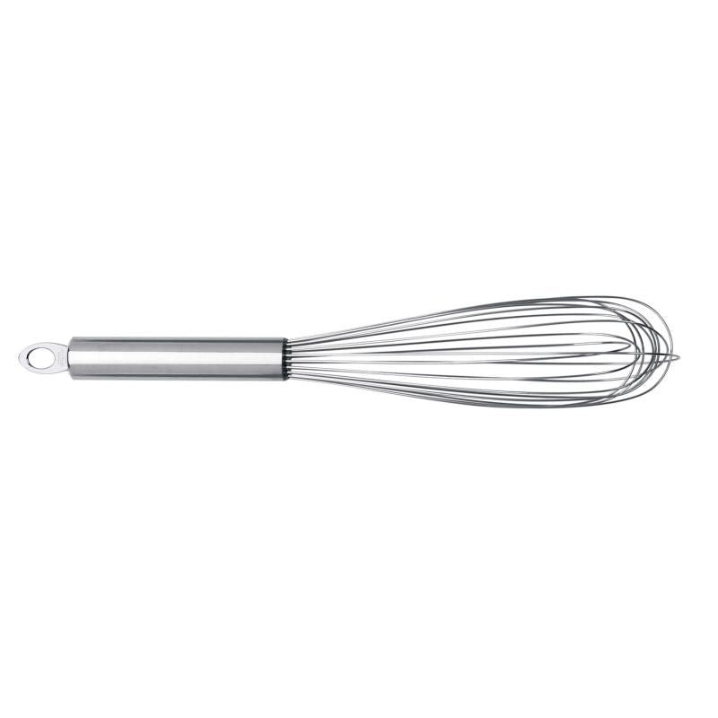 Cuisipro 10-inch stainless steel egg whisk, heat-resistant, non-scratch design, ideal for mixing, whipping, and easy cleaning.