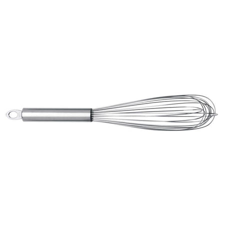 Cuisipro 10-inch stainless steel egg whisk, heat-resistant, non-scratch design, ideal for mixing, whipping, and easy cleaning.