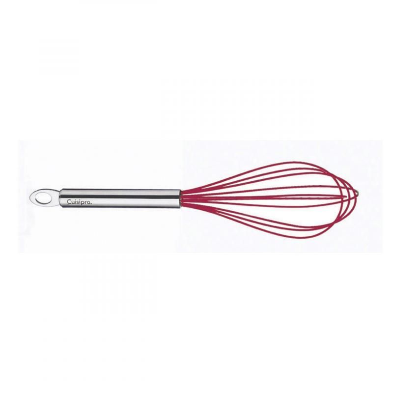 Vibrant red Cuisipro silicone whisk, 10 inches, heat-resistant, non-stick, ideal for beating eggs and sauces, easy to clean.