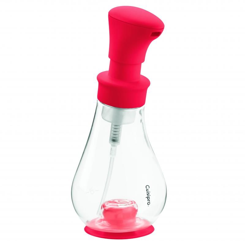 Cuisipro Foam Pump in red, turning liquid soap into thick foam, eco-friendly, durable, with a suction base and one-hand operation.