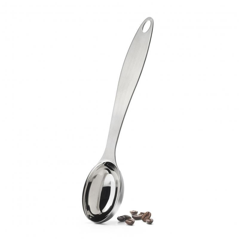 Stainless steel Cuisipro Coffee Scoop for precise 1 or 2 tablespoon coffee measurements, featuring a polished, non-stick bowl.