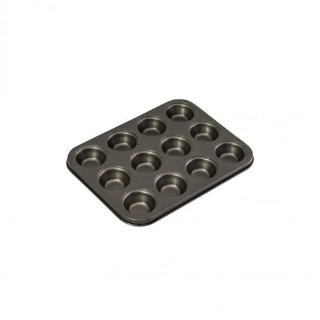 Bakemaster 12 Cup Mini Muffin Pan, non-stick, heavy-duty steel for perfect mini muffins and cupcakes, 26x20cm size.