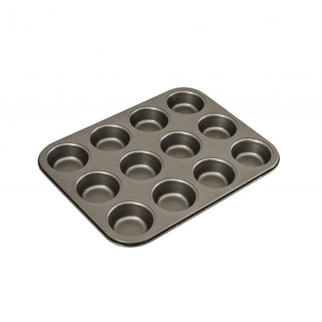 Bakemaster 12 cup non-stick muffin pan, perfect for baking muffins and cupcakes, measuring 35 x 27cm with durable carbon steel.