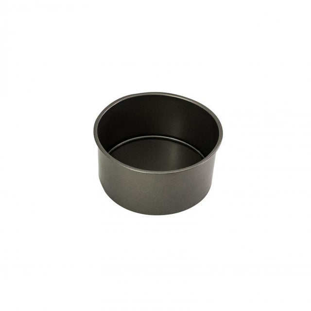 Bakemaster round deep cake pan, 18cm x 8cm, heavy-duty non-stick, ideal for sponge and fruit cakes, dishwasher safe.