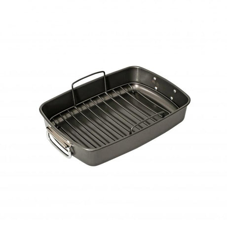 Bakemaster non-stick roasting pan with rack, 40x28x7.5cm, designed for easy roasting and cleanup, ideal for meats and vegetables.