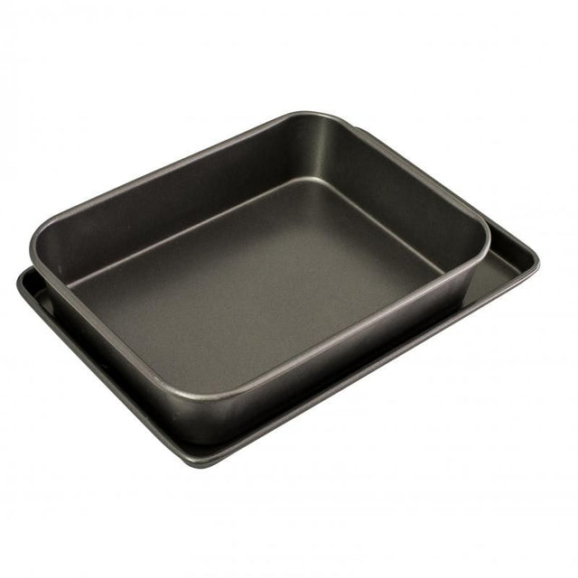 Bakemaster Twin Pack includes a heavy-duty non-stick roasting pan and oven tray for versatile cooking and easy cleanup.