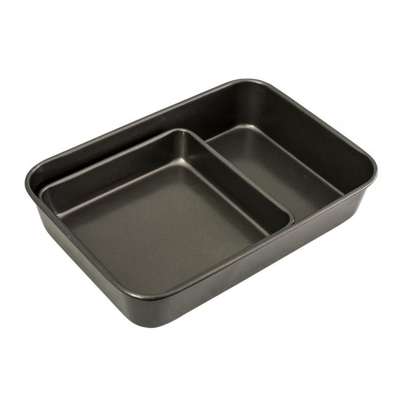 Bakemaster Bakeware Twin Pack featuring a heavy-duty roasting pan and square bake pan with a double non-stick coating.