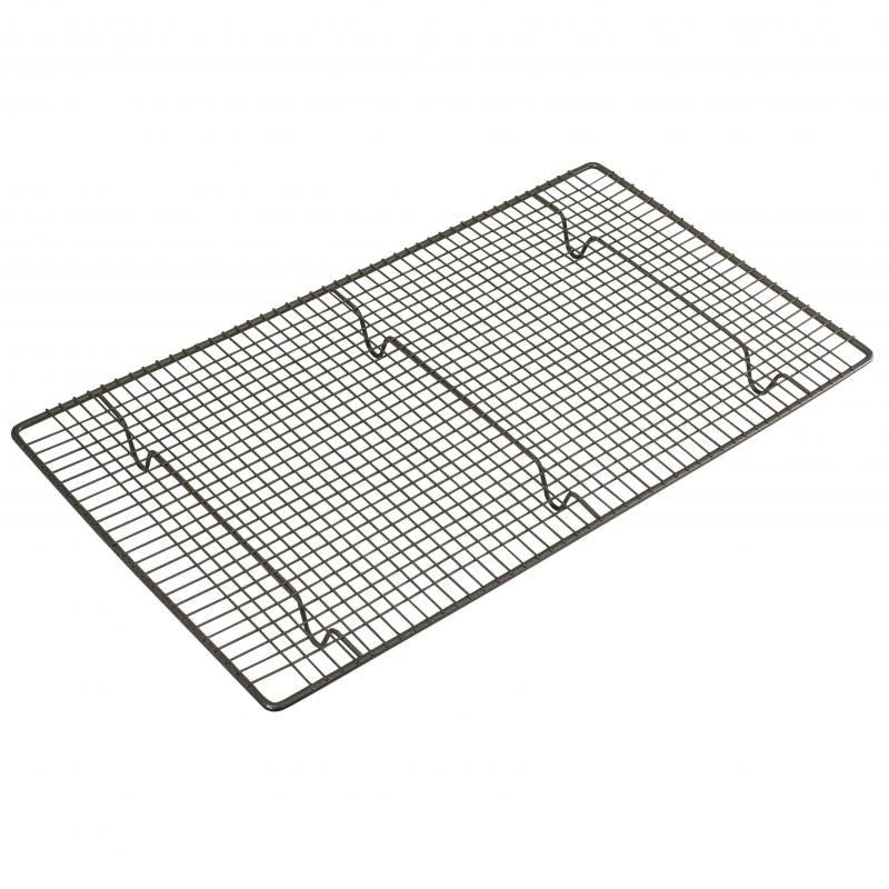 Bakemaster Cooling Tray 46x25cm, featuring non-stick surface, heavy-duty construction, and versatile trivet use.