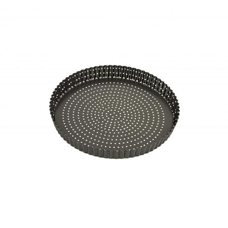 Bakemaster loose base quiche pan, 30x3.5cm, featuring non-stick coating and perforated design for perfect crusts.