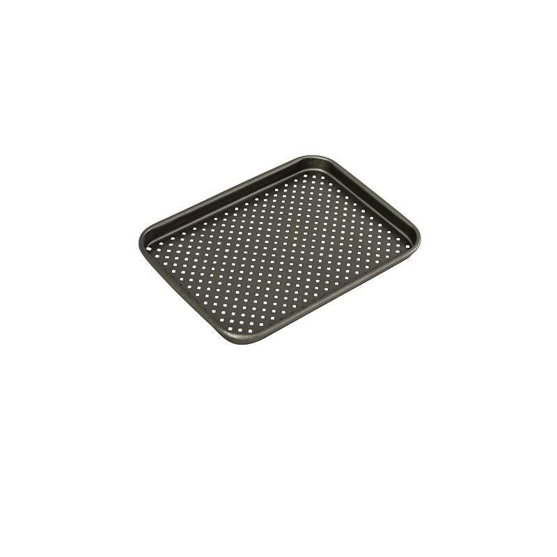 "Bakemaster Perfect Crust Baking Tray 24x18x2cm, featuring perforated holes for crispy crusts and non-stick coating for easy release."