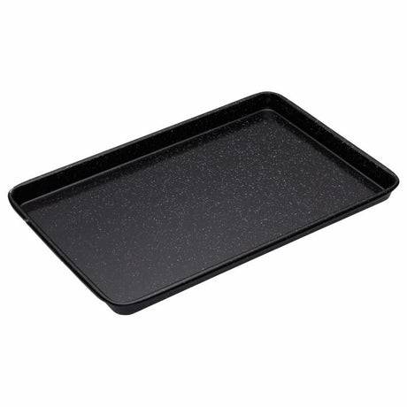 Bakemaster Enamel Baking Tray 39x27x2cm with non-stick surface, speckled design, perfect for baking, grilling, and roasting.