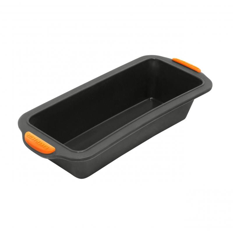 Bakemaster Silicone Loaf Pan in sleek grey, 24x10x6cm, non-stick, flexible, with reinforced steel frame and ergonomic handles.