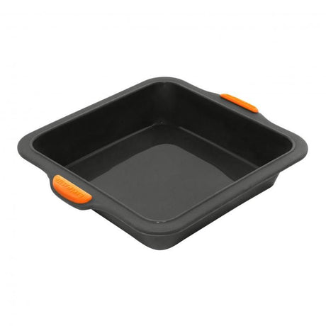 Bakemaster Silicone Square Cake Pan 20x5cm: flexible, non-stick bakeware with ergonomic handles, BPA-free, and dishwasher safe.