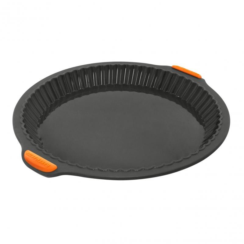 Bakemaster Silicone Round Quiche/Pie Pan with reinforced frame, ergonomic handles, and flexible surface for easy baking and release.