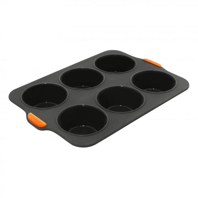 Bakemaster Silicone 6 Cup Muffin Pan, 35.5x24.5cm, features easy release, ergonomic handles, and a reinforced steel frame.