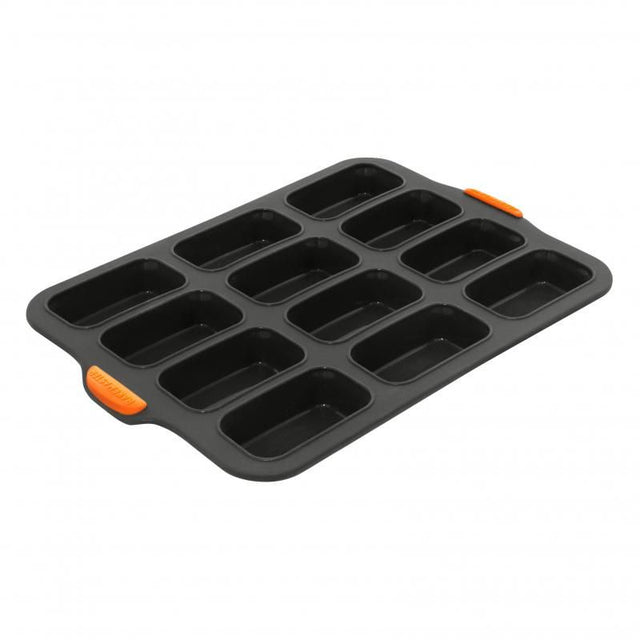 Bakemaster Silicone 12 Cup Mini Loaf Pan with reinforced steel frame and ergonomic handles, perfect for effortless baking.