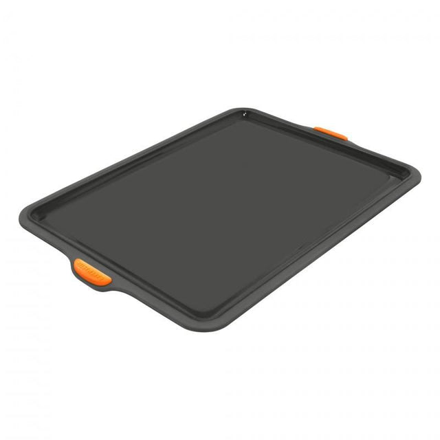 Bakemaster Silicone Large Baking Tray, 38x27cm, with flexible silicone, steel frame, and easy grip handles for effortless baking.