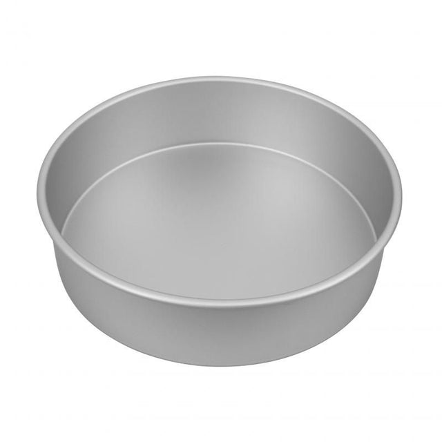 Bakemaster silver anodised round cake pan, 27.5x7.5cm, ensures even baking with non-stick surface for effortless cake release.