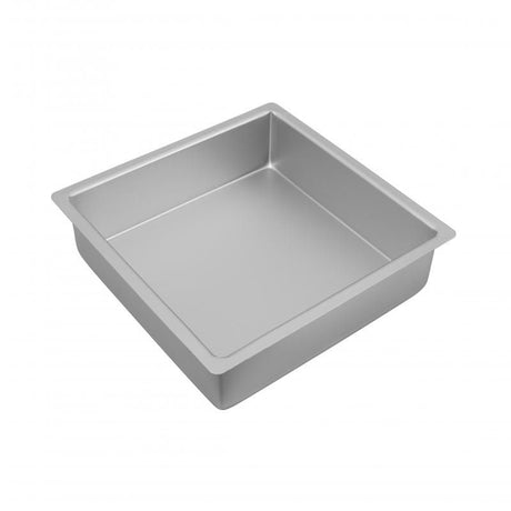 Bakemaster Silver Anodised Square Cake Pan, 25x7.5cm, non-stick, oven-safe to 220°C, ideal for even baking and easy release.