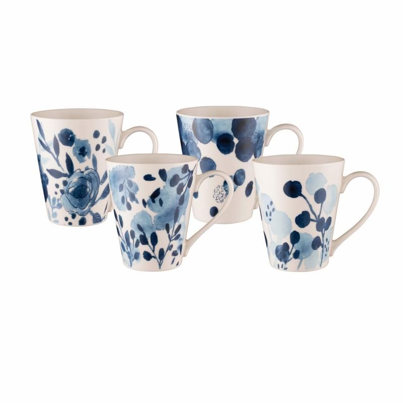 Set of 4 sapphire floral mugs, 414ml each, crafted from durable New Bone China; microwave and dishwasher safe.