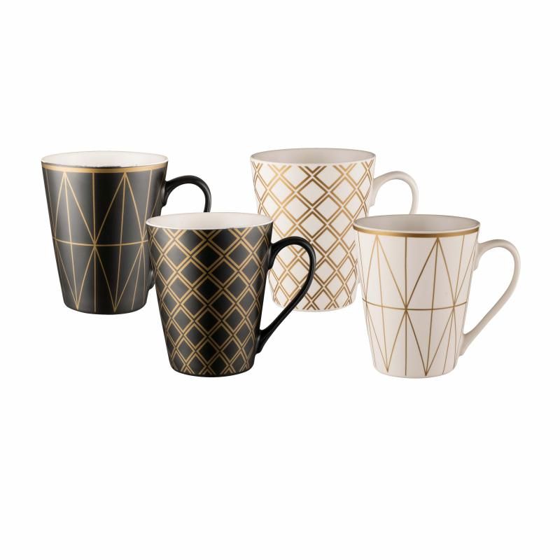 Set of 4 elegant conical mugs crafted from durable New Bone China, perfect for hot drinks and stylish dining.