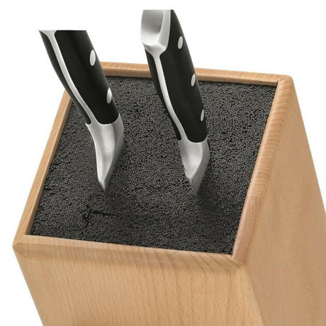 Elegant acacia knife block with integrated straws, holds up to 6 knives, designed for modern kitchens.