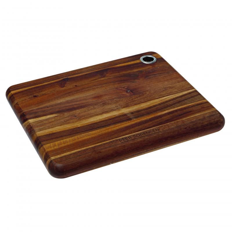 Alt text: Long grain Acacia wood cutting board, 27x22x2.5cm, features unique grain variations and a hanging loop for storage.