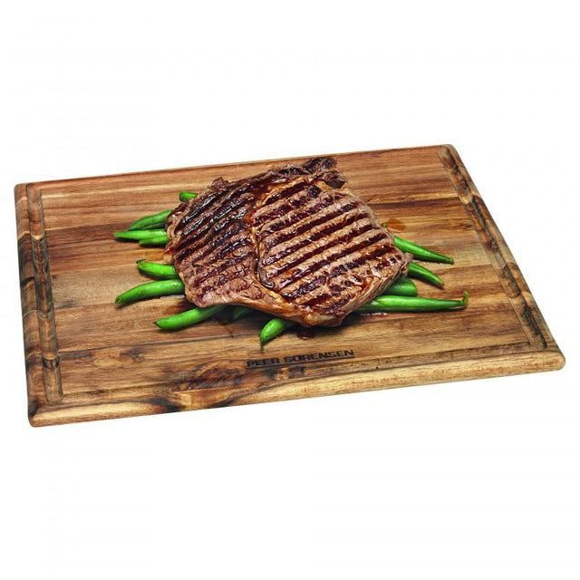 Peer Sorensen Steak Serving Board in acacia wood, 30x25x1.25cm, features juice groove, perfect for elegant meals and grilling.