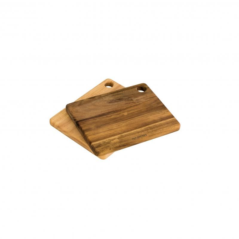 Peer Sorensen 2-piece utility board set made of acacia and rubberwood, featuring unique wood patterns for versatile kitchen use.