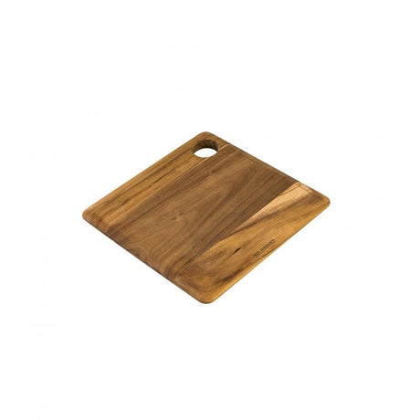 Acacia wood chopping board with unique grain, 25.5cm square, perfect for slicing meats and veggies, includes hanging loop.