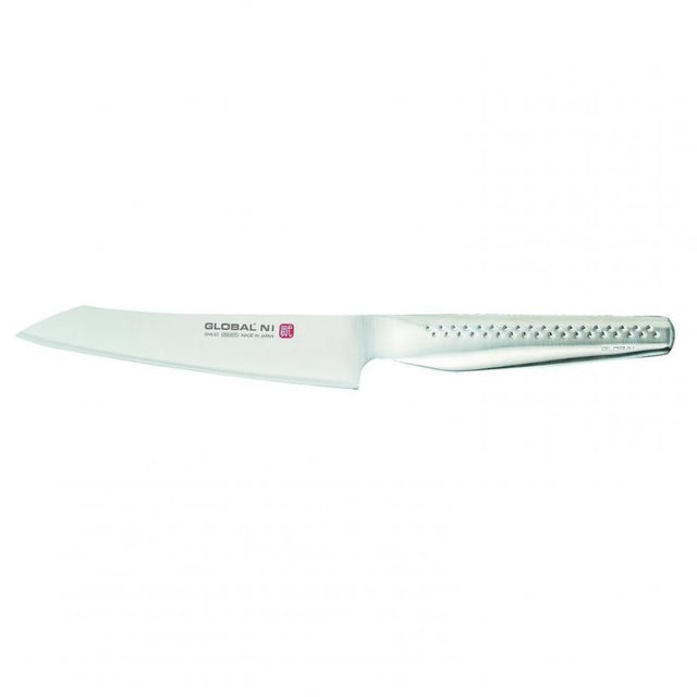 Global NI Utility Knife 14cm, made in Japan, featuring a sharp blade, ergonomic handle, and hygienic design for precise cutting.