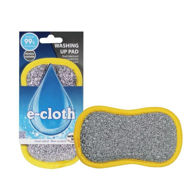 E-Cloth Washing Up Pad with dual-sided design for effortless dishwashing; smooth side for grease, scrubbing side for tough residues.