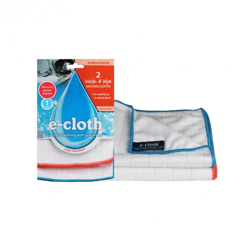 E-Cloth Wash & Wipe Kitchen Cloths twin pack for effective cleaning, absorbing grease and grime with just water or detergent.