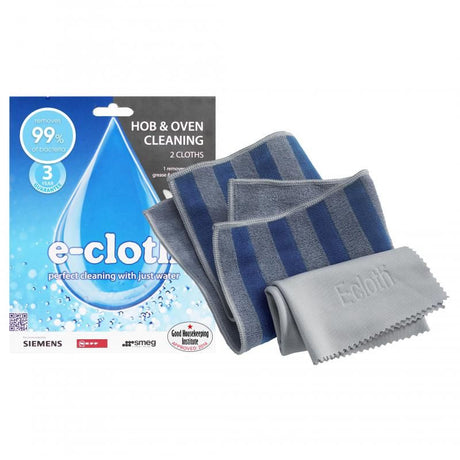 E-Cloth Hob & Oven Cloth Twin Pack with dual-sided design for tough cleaning and streak-free shine, effective with just water.