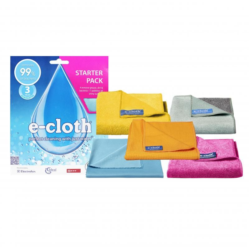 5-piece E-Cloth cleaning set for kitchens, bathrooms, and windows; removes 99% of bacteria using just water and color-coded for tasks.