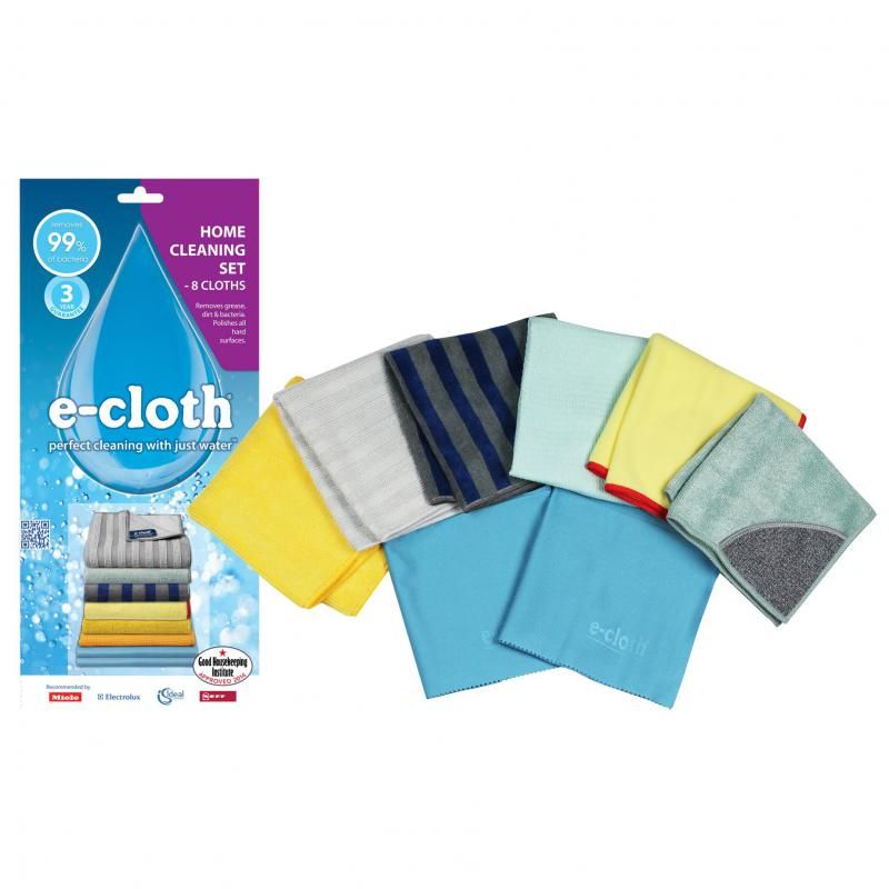 E-Cloth Home Cleaning Set of 8, eco-friendly microfiber cloths for chemical-free, effective cleaning on all surfaces.